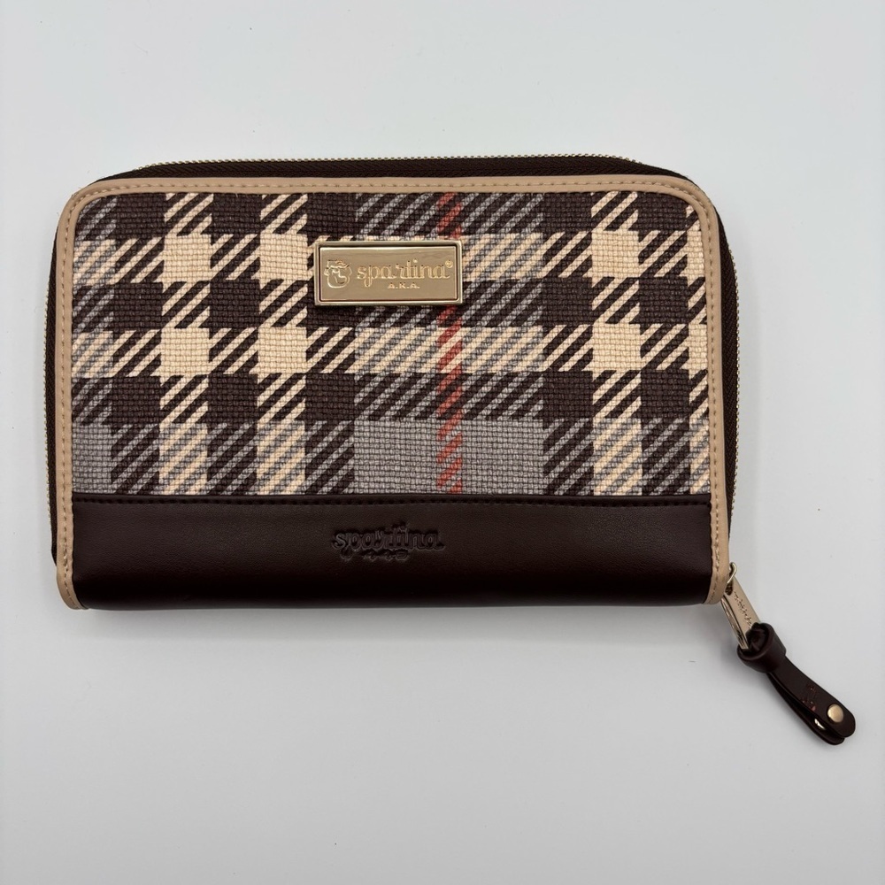 Spartina 449 Brown Plaid Accordion Wallet Leather Trim 8" x 5.5"